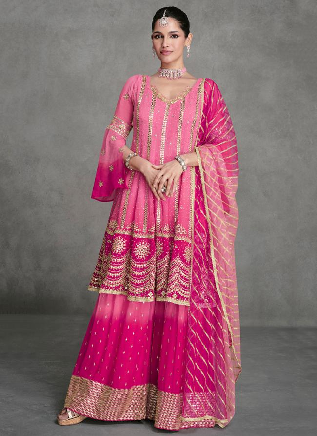 Real Georgette Pink Wedding Wear Embroidery Work Readymade Plazzo Suit